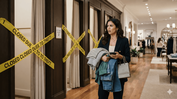 Woman with clothes to try on meeting closed fitting rooms