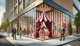 circus barker welcoming someone into store