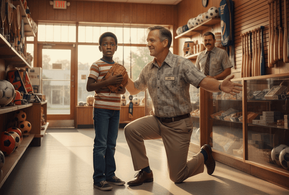 man welcoming kid to sporting good store