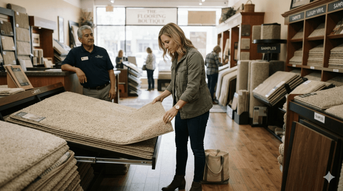 woman shopping for carpet while associate watches