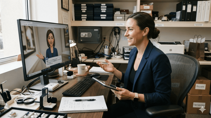 AI Role play jewelry saleswoman in back office