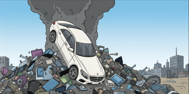 Mercedes in trash pile