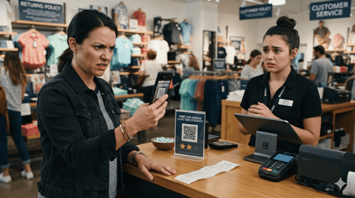 angry woman looking for NPS score QR code