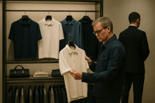 customer considering merchandise while associate avoids