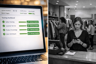 training report success with employee looking into phone