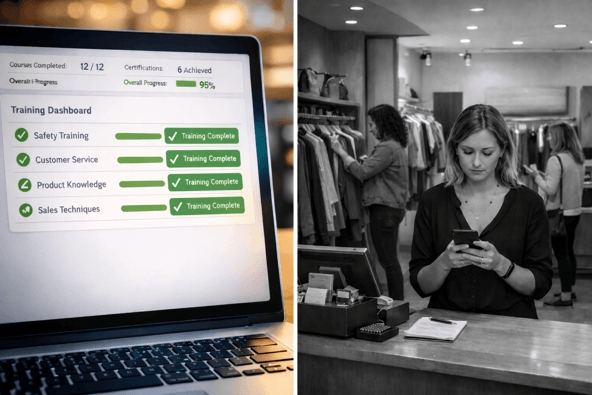 training report success with employee looking into phone