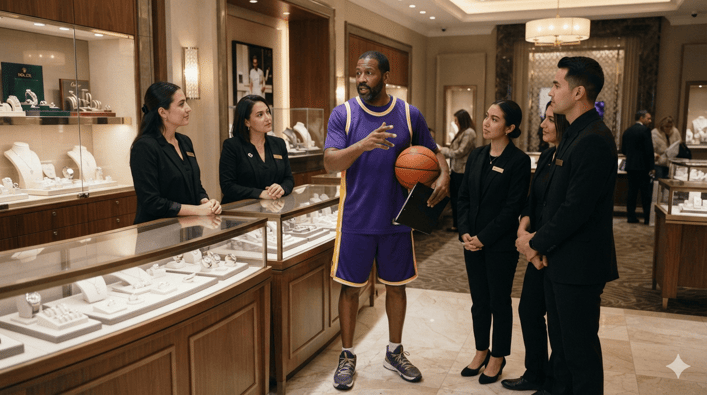 Basketball coach in high end jewelry store