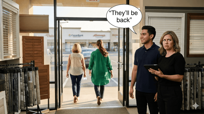 two customers walk out of window covering store saying we'll be back