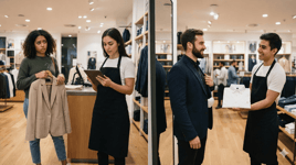 two retail teams one selling and one bored