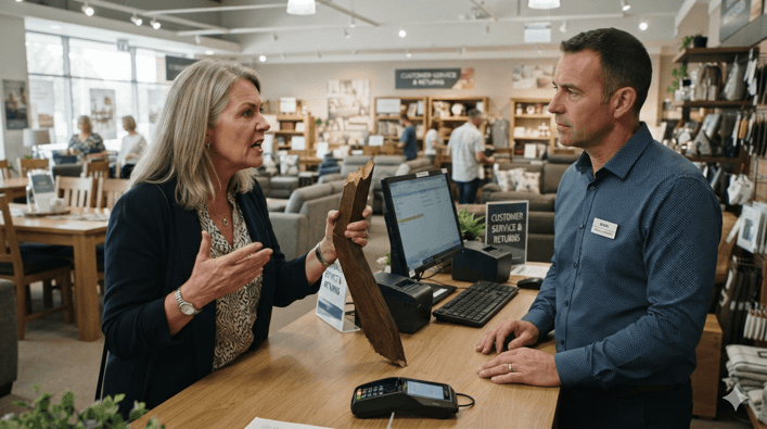 woman customer complaining to furniture manager