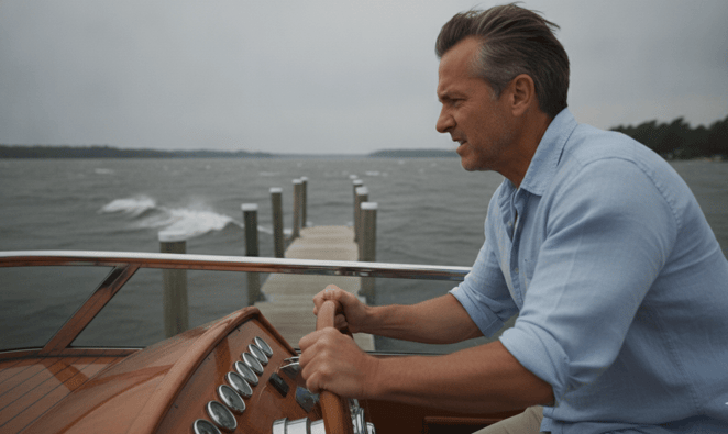 guy trying to dock boat in storm on lake