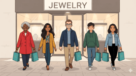 happy cartoon customers leaving jewelry store 