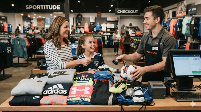 young male cashier checking out a mom and daughter in a sporting goods store