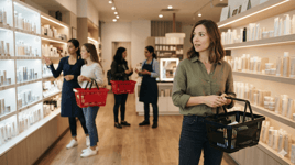 woman looking for help in cosmetic store