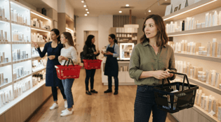 woman looking for help in cosmetic store