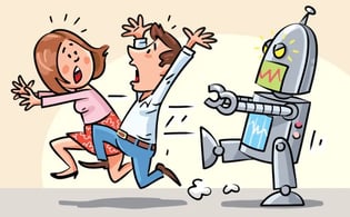 Man and woman running from robot