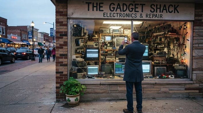 man taking a picture of his front window