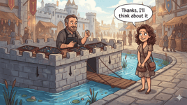 jewelry shopper having to cross a moat to buy something