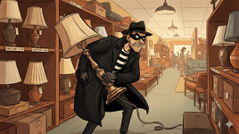 cartoon shoplifter trying to steal a lamp