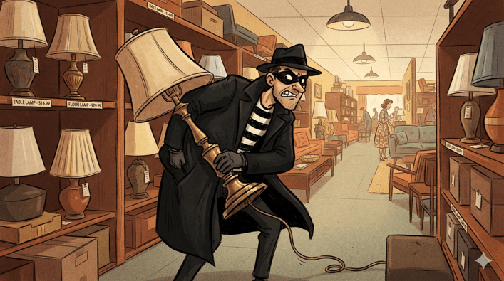 cartoon shoplifter trying to steal a lamp