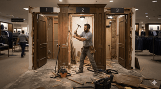 Carpenter ripping out fitting rooms in men's store