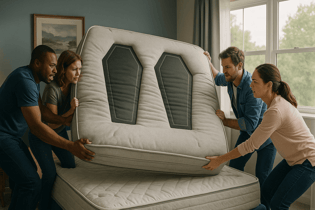 four people flipping a mattress