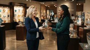 two women in an art glass studio
