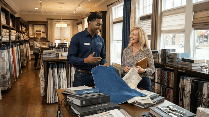 Confident associate helping a woman in a window coverings store