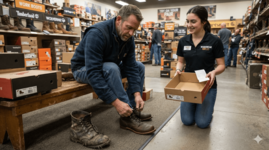 man trying on workboots