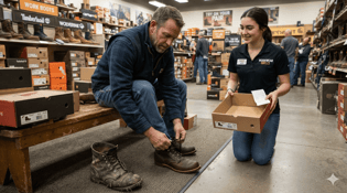 man trying on workboots