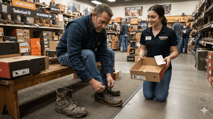 man trying on workboots