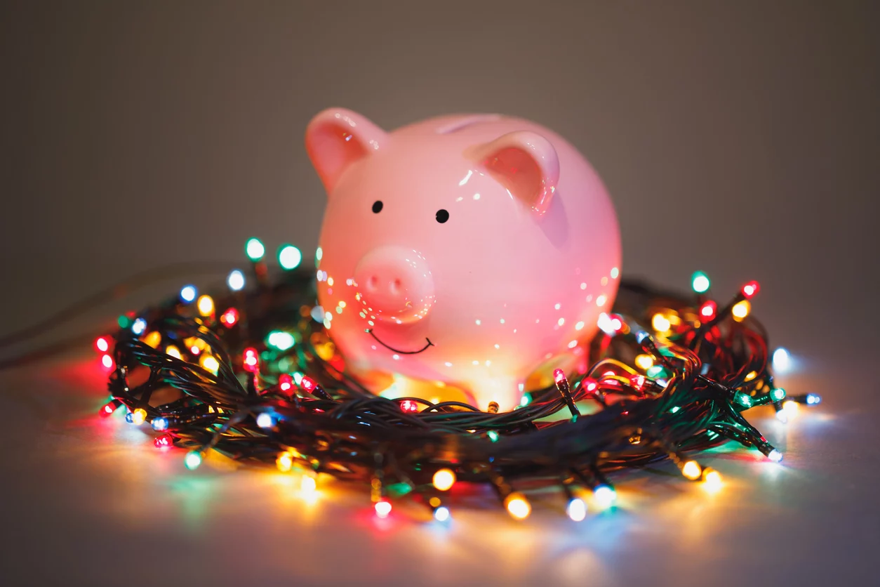 Piggy Bank and Christmas lights December cash flow